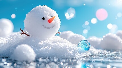 Obraz premium Smiling small snowman with a carrot nose sitting on fresh winter snow under a bright blue sunny sky.