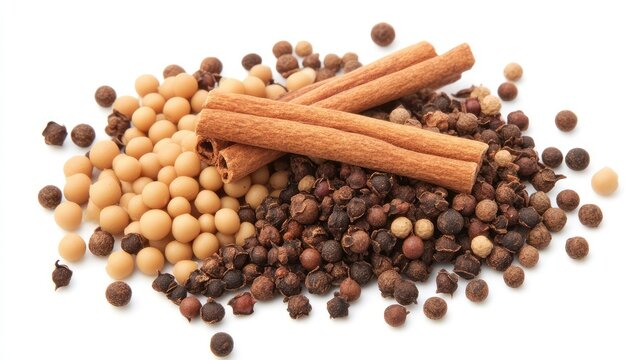 A top view of mixed whole Indian spices like mustard seeds, cinnamon, and cumin seeds scattered across a neutral backdrop.