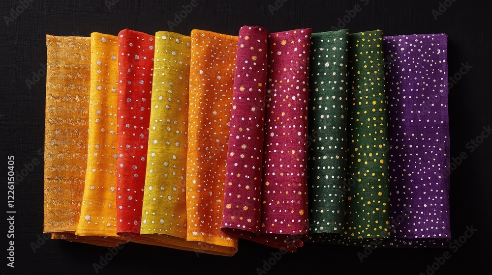Poster a variety of colorful bandhani sarees with intricate patterns, folded neatly with negative space aro