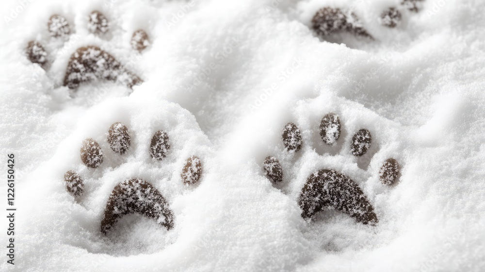 Poster a wide-angle shot of sled dog paw prints in deep snow, with ample space around for text or design el
