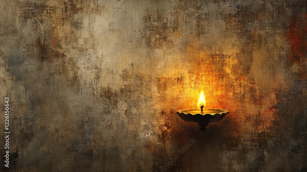 Poster close-up of a diya glowing brightly against a textured surface, creating a warm and inviting festive