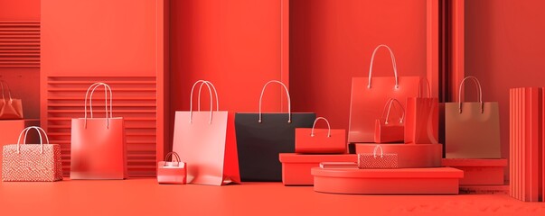 3d rendering of a group of shopping bags and gift boxes in a red setting