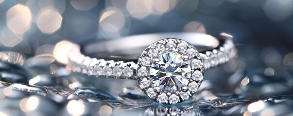 Engagement ring with large center diamond surrounded by smaller diamonds on a reflective surface with water droplets