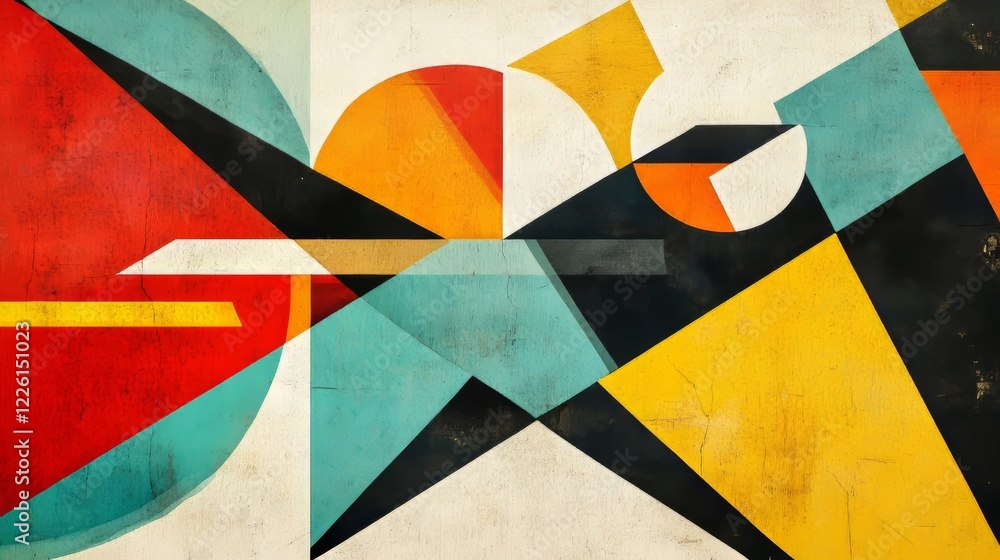 Poster bright and bold abstract artwork featuring overlapping geometric shapes in vibrant colors, using dyn