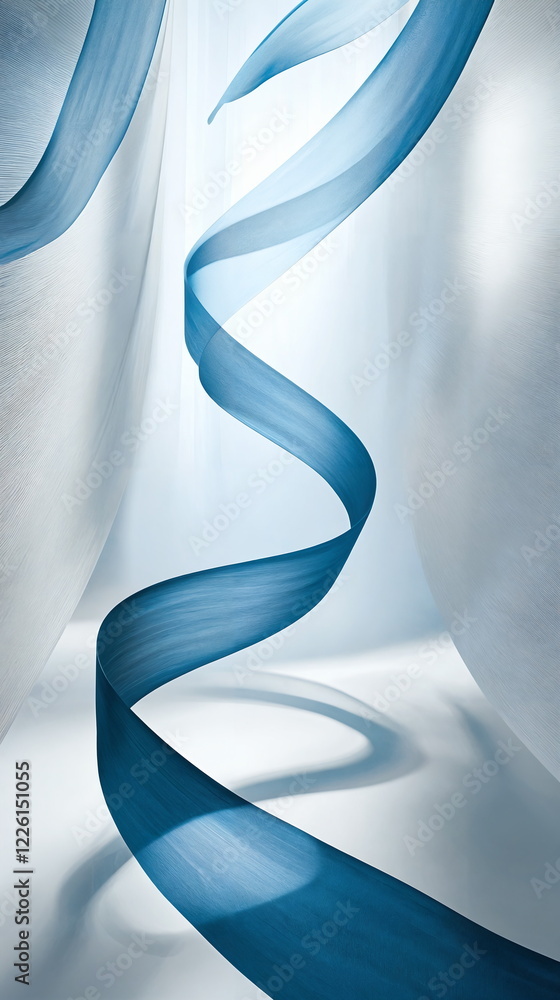 Poster flowing blue ribbon twisting gracefully through a bright, minimaic environment with soft shadows and
