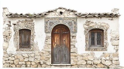 Fototapeta premium Rustic facade with wooden door and window frames adorned with decorative tiles on an aged building