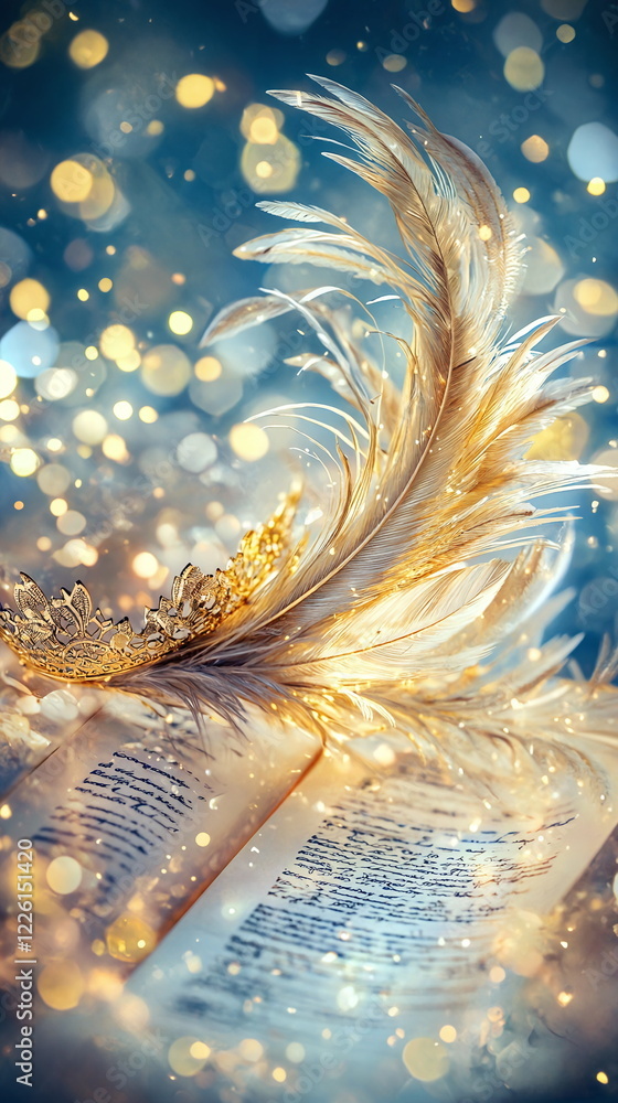 Poster golden crown resting on an open book surrounded by glowing bokeh lights and delicate feathers, creat