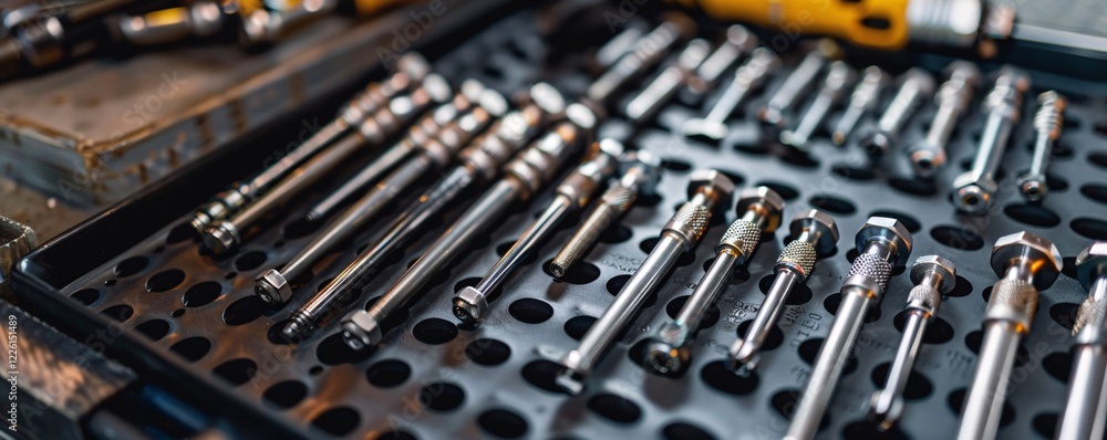 Poster organized precision tools on a metal tray demonstrate dedication to efficiency and order in a worksh