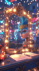 Glowing mirror adorned with lights reflecting a stunning masquerade mask surrounded by a vibrant, colorful carnival atmosphere filled with sparkling decorations.