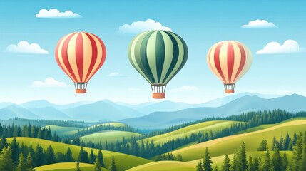 Naklejka premium Colorful hot air balloons soaring over lush green hills with mountains in the background