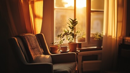 Fototapeta premium Cozy armchair, sunset window, plants, warm light, home interior, relaxation, tranquility, morning coffee, hygge