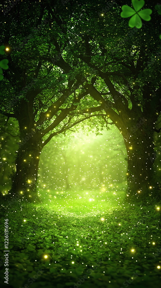 Poster lush green forest illuminated by soft glowing lights and surrounded by vibrant foliage, creating a s