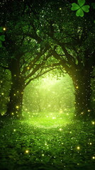 Fototapeta premium Lush green forest illuminated by soft glowing lights and surrounded by vibrant foliage, creating a serene and enchanting atmosphere with a magical quality.