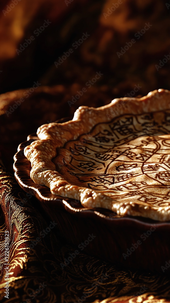 Poster decorative plate with intricate patterns on a richly textured fabric background showcasing detailed 
