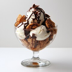 A delectable ice cream sundae served with cookies and chocolate drizzle, beautifully arranged in a glass bowl, perfect for a tempting dessert presentation.