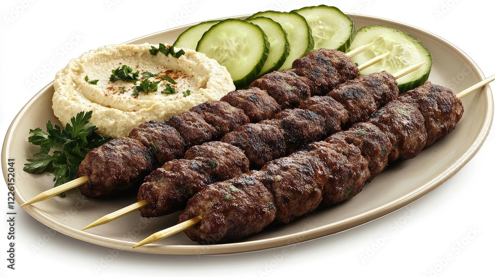 Poster lamb kofta skewers on a platter, surrounded by cucumber slices and hummus, presented on a neutral gr