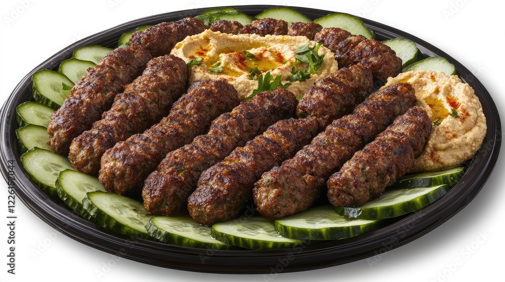 Poster lamb kofta skewers on a platter, surrounded by cucumber slices and hummus, presented on a neutral gr
