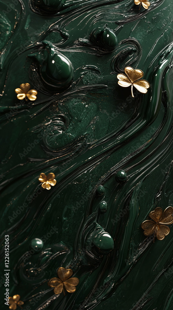 Aufkleber rich green surface adorned with swirling textures and golden clover shapes creating an elegant, arti
