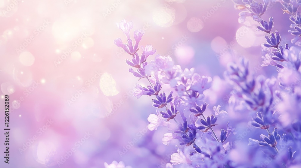 Poster a dreamy scene of lavender flowers in focus with soft, bokeh effects in the backdrop creating a tran