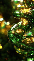 Twinkling green ornament swirling with golden reflections hanging on a decorated Christmas tree surrounded by a blur of holiday lights in the background.