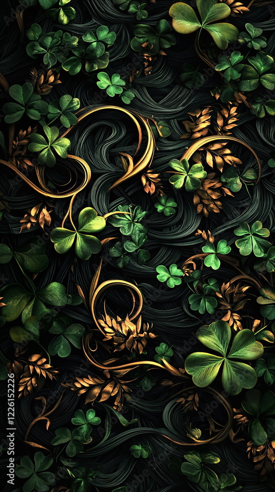 Poster intricate pattern of lush green clovers and twisting golden vines against a dark background, creatin