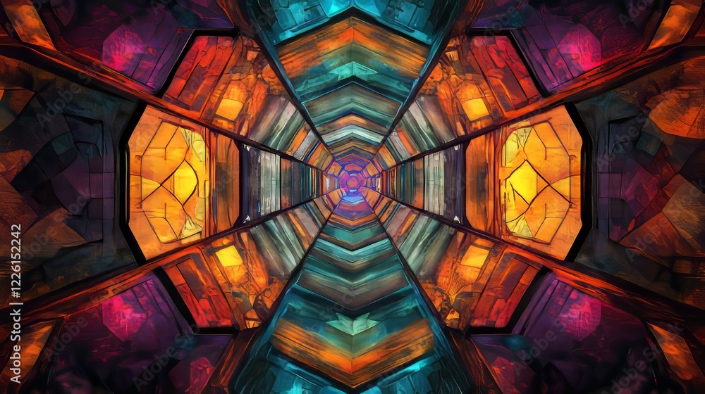 Poster this image showcases a symmetrical, colorful tunnel with intricate geometric patterns and vibrant li
