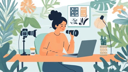 Woman filming nature vlog, home office, plants