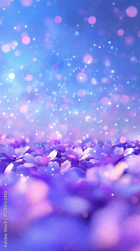 Poster purple flowers blooming in a soft-focus background with sparkling bokeh lights creating a dreamy, wh