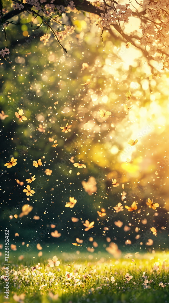 Aufkleber golden sunlight filtering through trees illuminating a field of butterflies and sparkling dust parti
