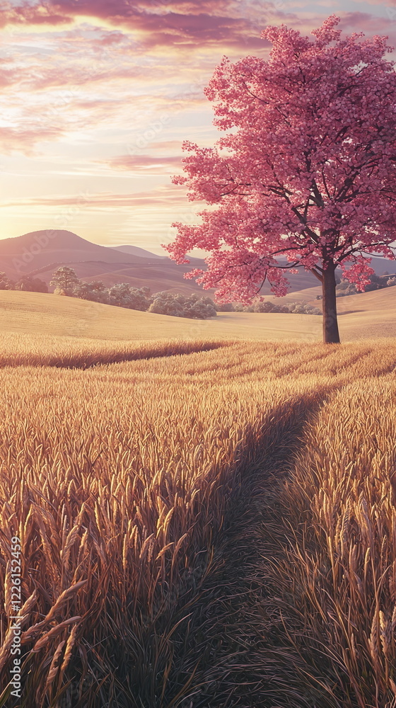 Poster soft pink tree standing alone in a golden wheat field under a colorful sky with rolling hills in the