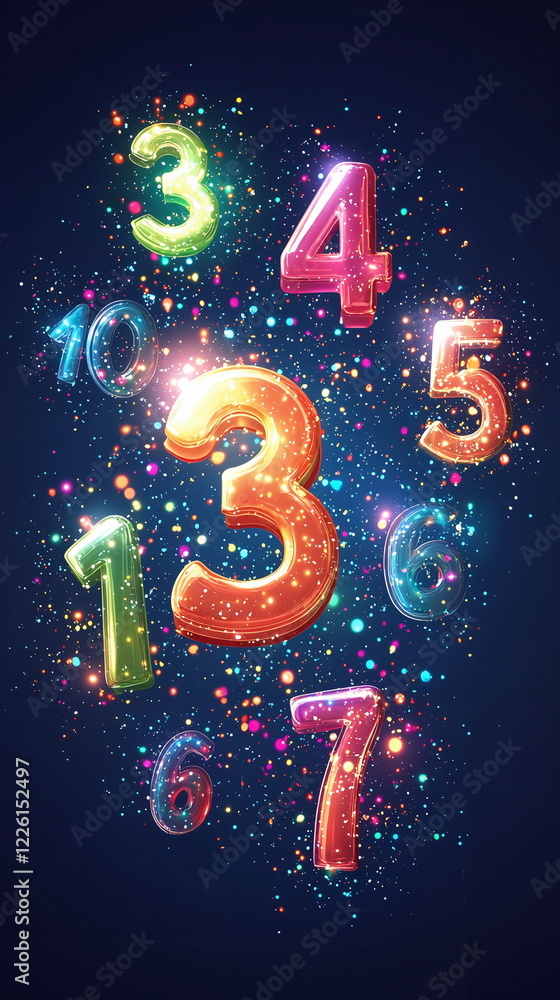 Poster vibrant glowing numbers floating against a dark starry background with colorful lights and sparkling