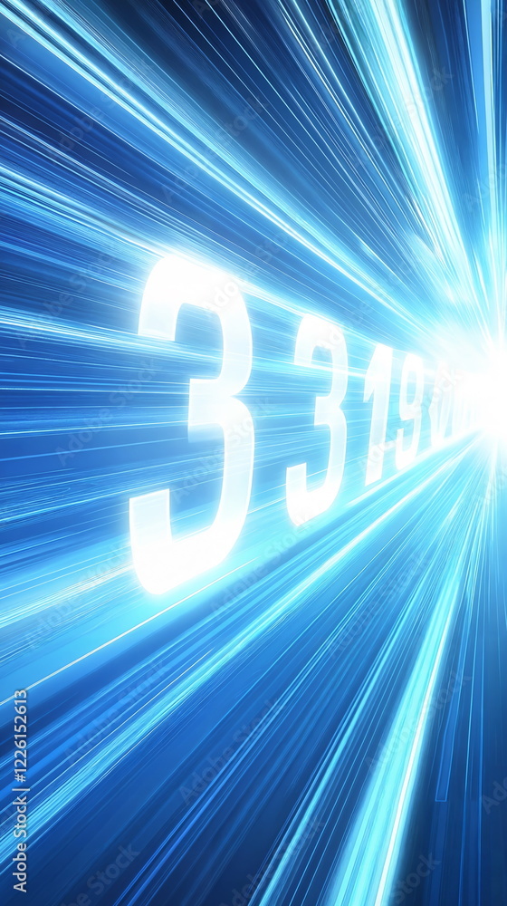 Poster bright blue light streaks extending outward with glowing white numbers 3 and 3197 in a dynamic digit