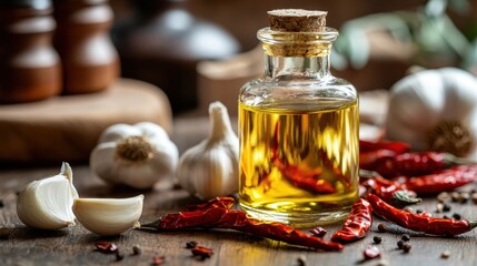 Glass bottle of olive oil with garlic and dried chili pepper