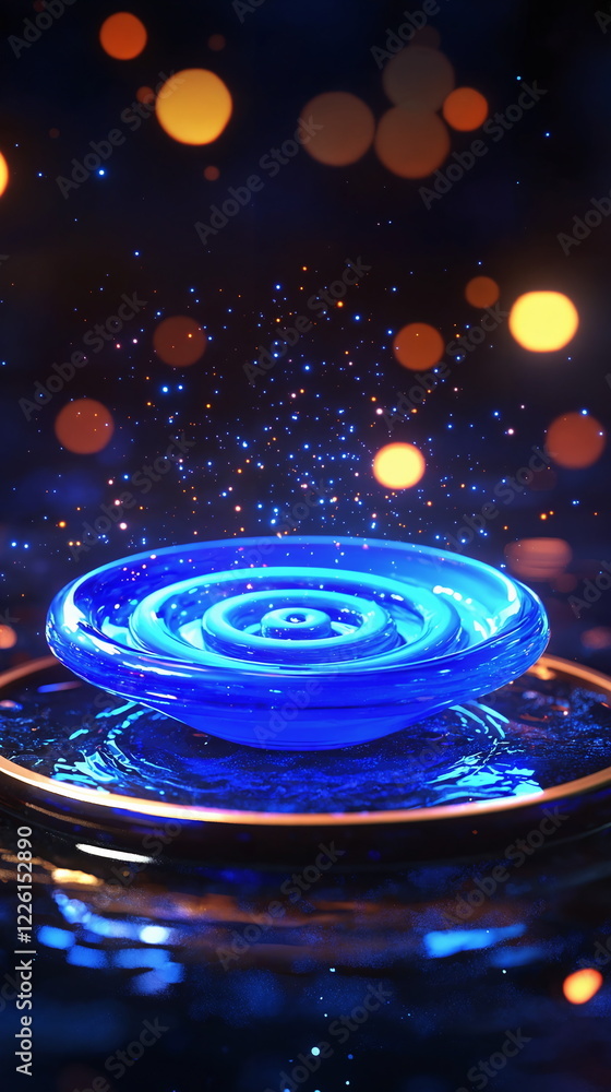 Poster blue water ripple glowing in dark background with bokeh lights sparkling above creating a magical at