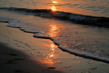 Fototapeta premium Serene Sunset Over Tranquil Ocean Waves Reflecting Golden Light on Sandy Shore Creating a Peaceful Coastal Scene for Relaxation and Inspiration