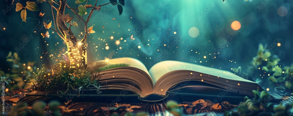 Aufkleber magical tree emerging from open book, spreading enchanting glow and sparkles