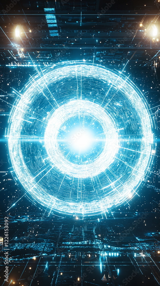 Poster bright circular pattern glowing in blue and white, futuristic technology design with intricate lines