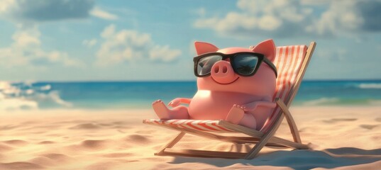Piggy Bank Summer Savings Colorful Relaxing On Beach Chair