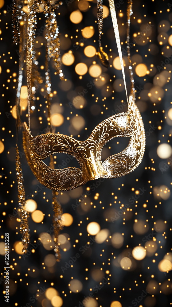 Poster golden mask hanging in front of a sparkling bokeh background with soft focus lights creating an eleg