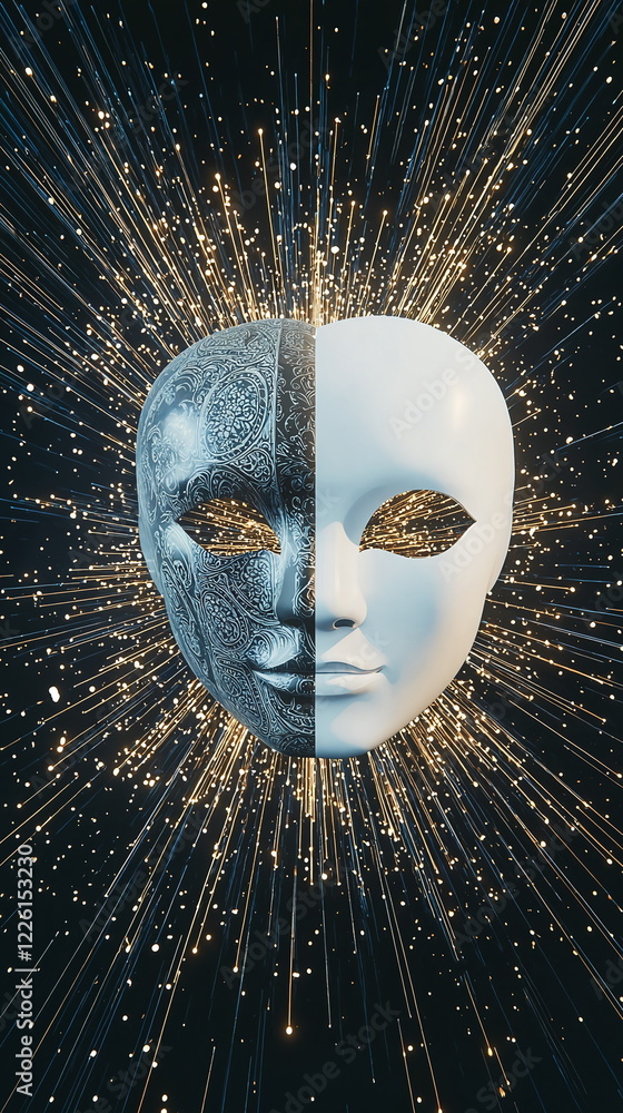 Poster half black half white mask with intricate patterns surrounded by sparkling light rays on dark backgr