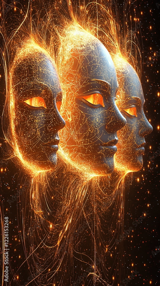 Poster glowing metallic faces with intricate patterns and fiery elements against a dark background, represe