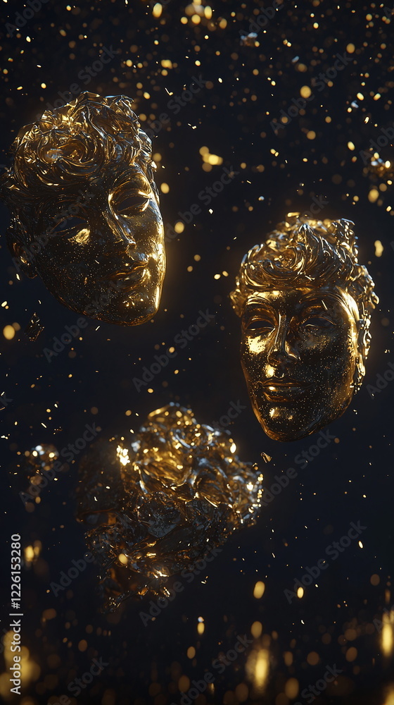 Poster golden abstract floating sculptures in dark space surrounded by sparkling particles reflecting light