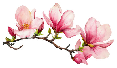 Beautiful magnolia blossoms on a delicate branch isolated on transparent background