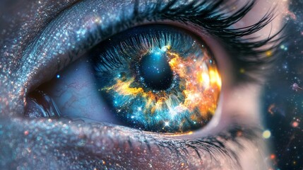 This stunning close-up image reveals a cosmic galaxy intricately reflected within the depths of a human eye, symbolizing wonder and the universe within our souls.