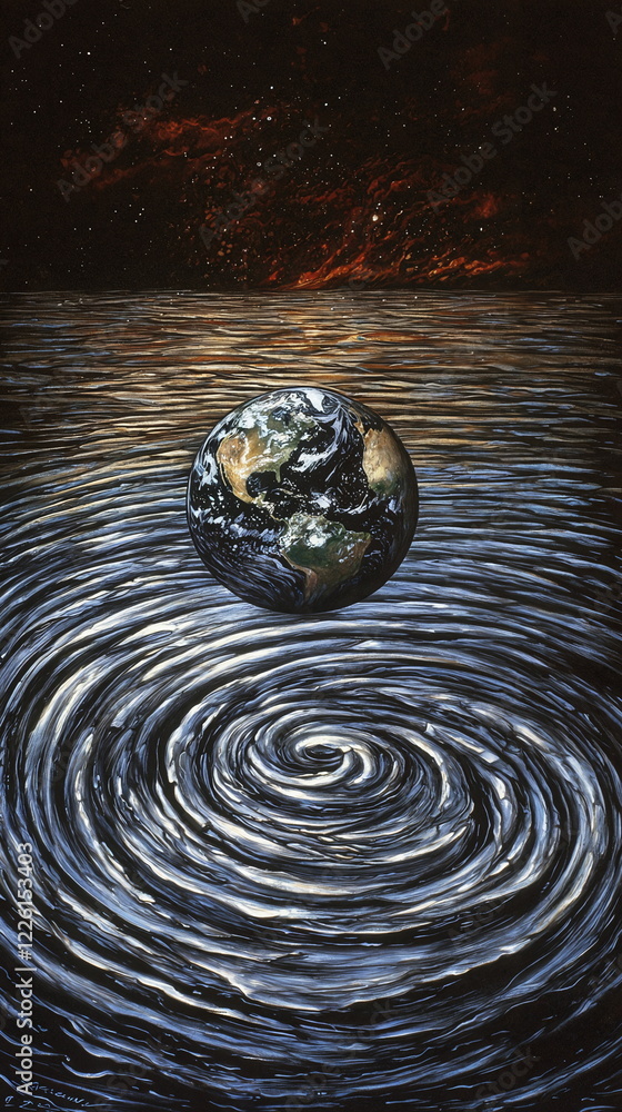 Aufkleber earth floating above swirling ocean waves in a cosmic setting with dark starry background creating a
