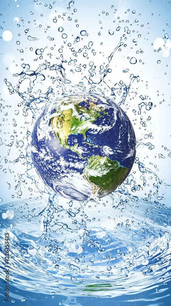 Poster globe surrounded by splashes of water creating a dynamic effect against a bright blue background, sy