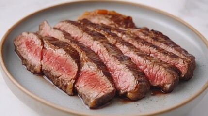 Fototapeta premium Thinly sliced Wagyu beef for Japanese yakiniku, neatly arranged on a ceramic plate, with clean, elegant styling.
