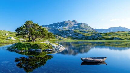 Mountain lake, tranquil boat, clear reflection, summer morning, scenic nature