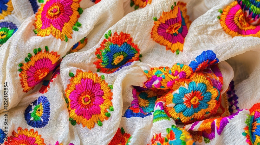 Poster top view of a neatly arranged phulkari dupatta with vibrant threadwork, placed on a plain fabric bac