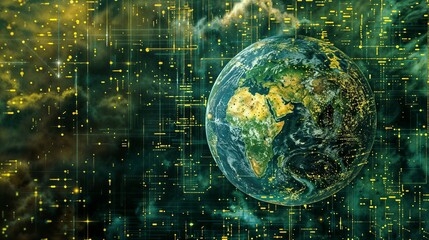 Planet Earth visualization with digital matrix overlay showing Africa continent, featuring yellow data nodes and green technological grid patterns against deep space background